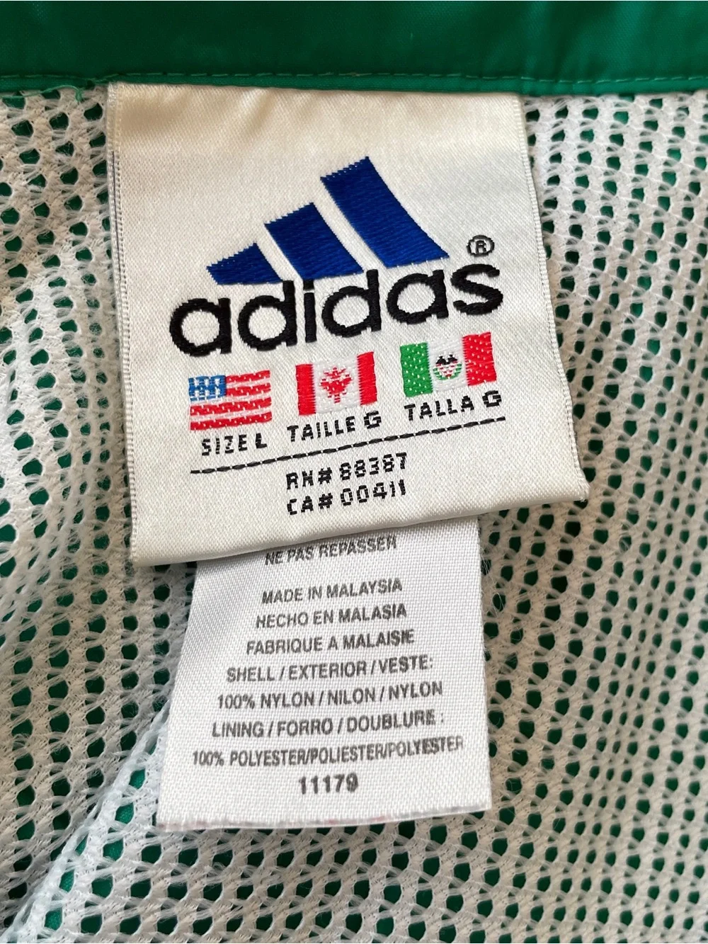Adidas Vintage 90s Green 3-Stripe Windbreaker Track Jacket Nylon Mesh Lined Sz L